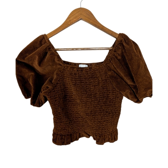 American Eagle Outfitters Tops - American Eagle Burnt Brown Corduroy Smocked Cropped Puff Sleeves Blouse